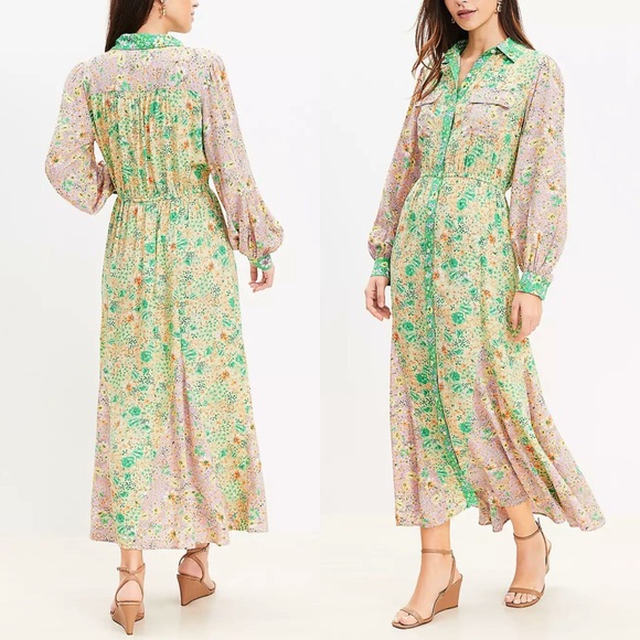 LOFT Dresses & Skirts - Loft Floral Vintage Godet Pocket Shirtdress Maxi